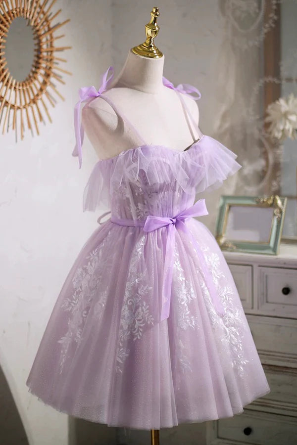 Wholesale Lilac Spaghetti Strap Tulle Lace Short Prom Dress Lovely A-Line Party Dress